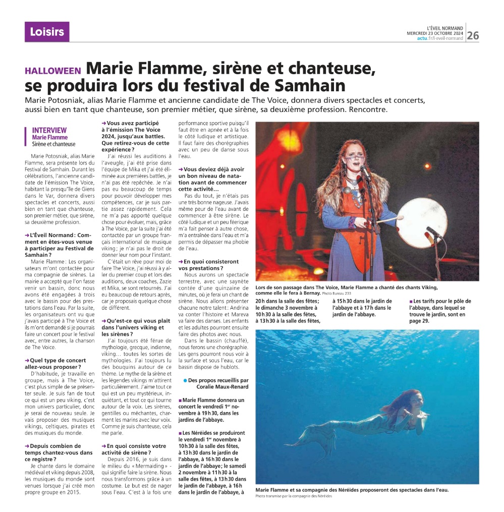 médias/presse Galatée, Galatée la sirène, Miss mermaid France 2017, Miss Mermaid International 2017, article journal sirène, article mermaiding, the voice 2024, film sirène