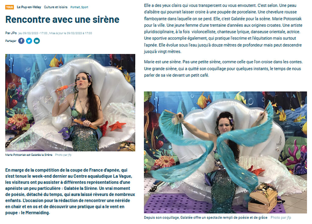 médias/presse Galatée, Galatée la sirène, Miss mermaid France 2017, Miss Mermaid International 2017, article journal sirène, article mermaiding, the voice 2024, film sirène